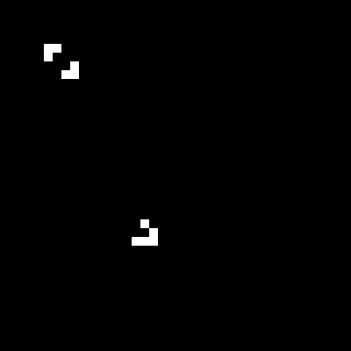 Pattern garden output: a beacon oscillator in the top-left and a glider that has moved diagonally five cells from its starting position