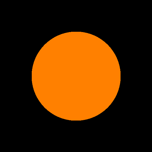 A solid orange disc, 150-pixel radius, centred on a black 512 by 512 canvas