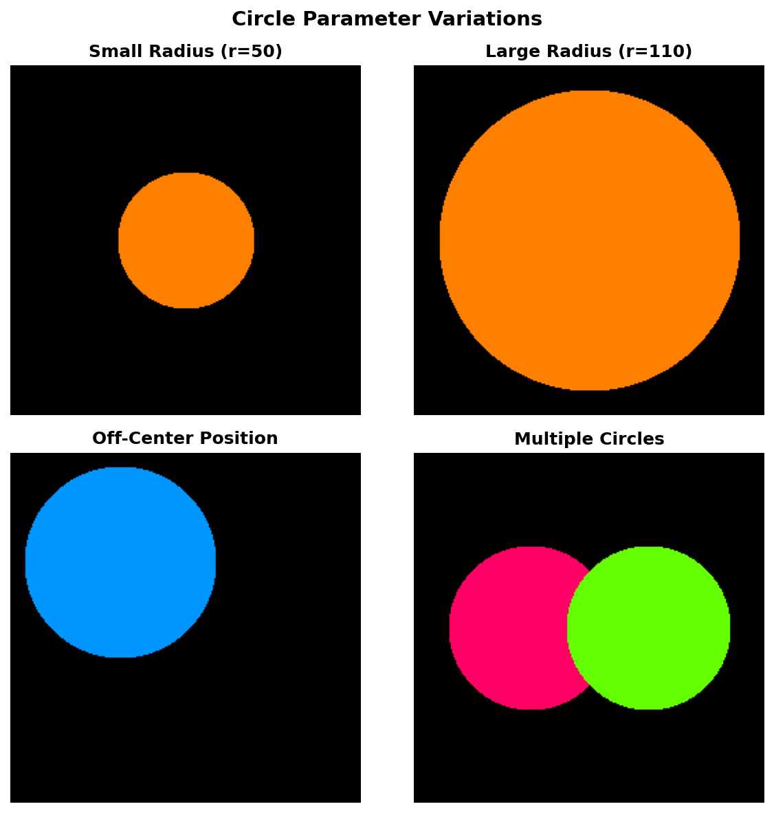 Four panel image showing variations: small top-left circle, blue circle, side-by-side red and green circles, and a four-circle arrangement