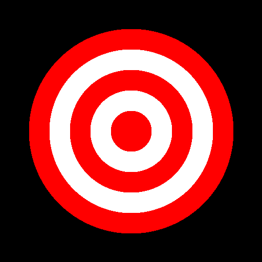 Bull's-eye pattern with five concentric circles, alternating red and white, on a black canvas