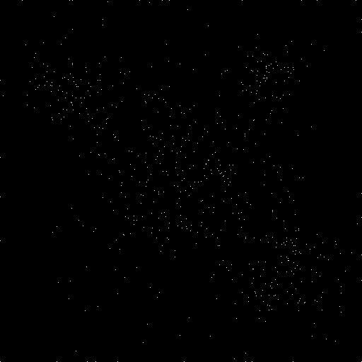 A galaxy-like image with a dense central cluster, three satellite clusters at different positions, and scattered background stars