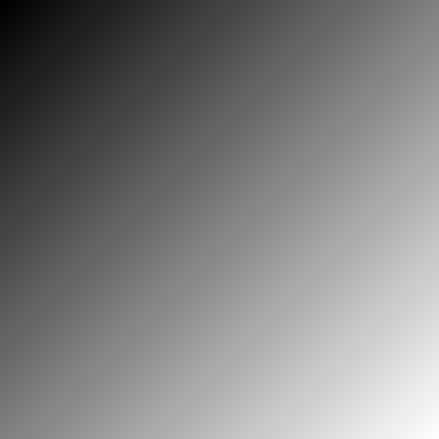 A 400 by 400 grayscale diagonal gradient — pure black in the top-left, pure white in the bottom-right, mid-gray at the centre