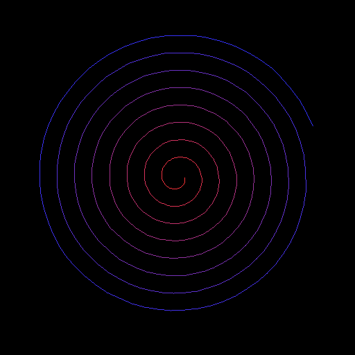 An Archimedean spiral whose stroke transitions smoothly from red near the centre to blue at the outer edge