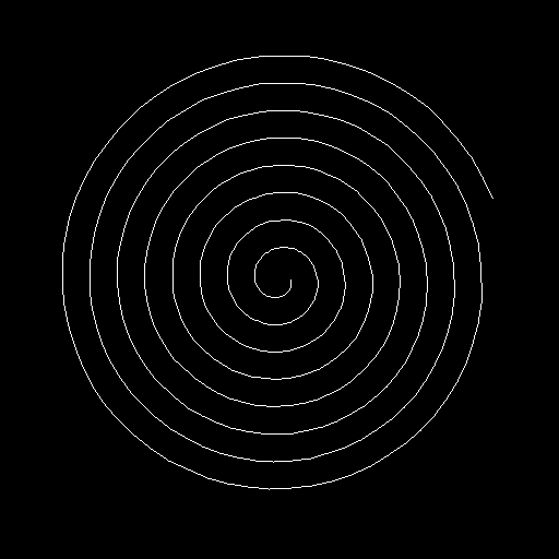 A white Archimedean spiral on a black 512 by 512 canvas, expanding from the centre outward with roughly eight visible turns