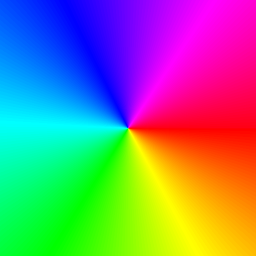 A colour wheel pattern where colour at each pixel indicates the direction toward the centre of the image, with the full rainbow visible around the centre