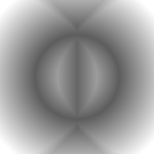 A signed distance field visualisation showing a ring (annulus) unioned with a vertical bar, rendered as a smooth gray gradient