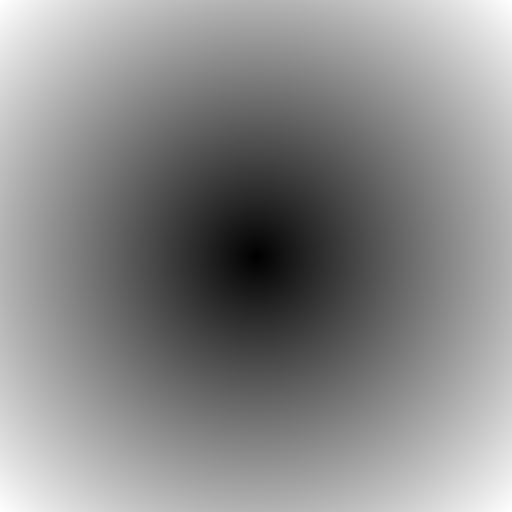 A radial grayscale gradient on a 512 by 512 canvas — dark at the centre, gradually brighter toward the corners