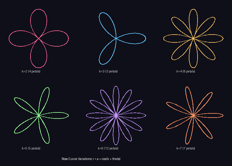 A two-by-three grid of rose curves with k equal to two, three, four, five, six, and seven, showing four, three, eight, five, twelve, and seven petals respectively