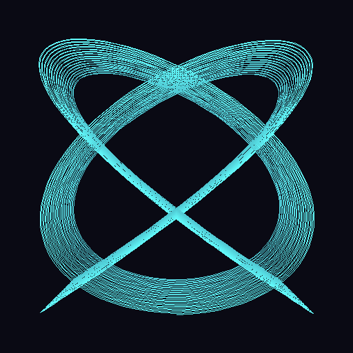 A harmonograph pattern whose stroke colour transitions from bright cyan at the outer edge to dark blue at the centre, visualising energy dissipation