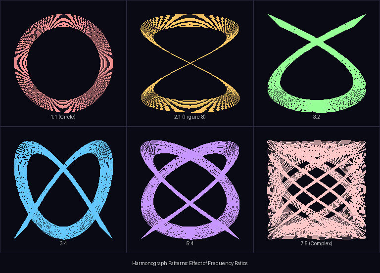 A two-by-three grid of harmonograph patterns showing frequency ratios from one-to-one to seven-to-five, each producing a distinctly different lobe structure