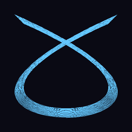 A cyan harmonograph pattern with characteristic interlocking loops, slowly spiraling inward toward the centre of the dark canvas