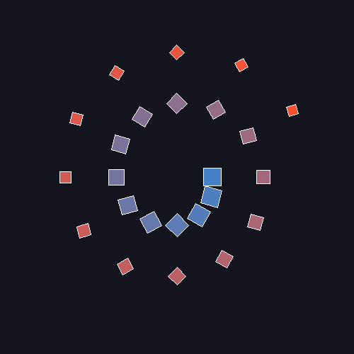 A spiral of 24 colored squares winding outward from the centre of a dark canvas, each progressively smaller and rotated, the colour fading from blue to orange
