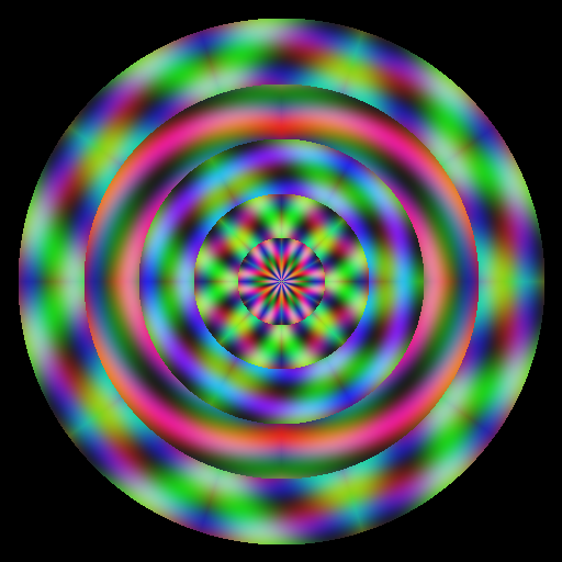 A multi-ring mandala with a tight twelve-fold centre, a medium six-fold middle ring, and a bolder four-fold outer ring, in pink-blue-coral palette