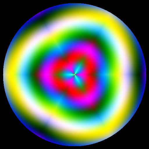 A 6-fold kaleidoscope pattern with magenta, cyan, and yellow gradients folded into a circular composition