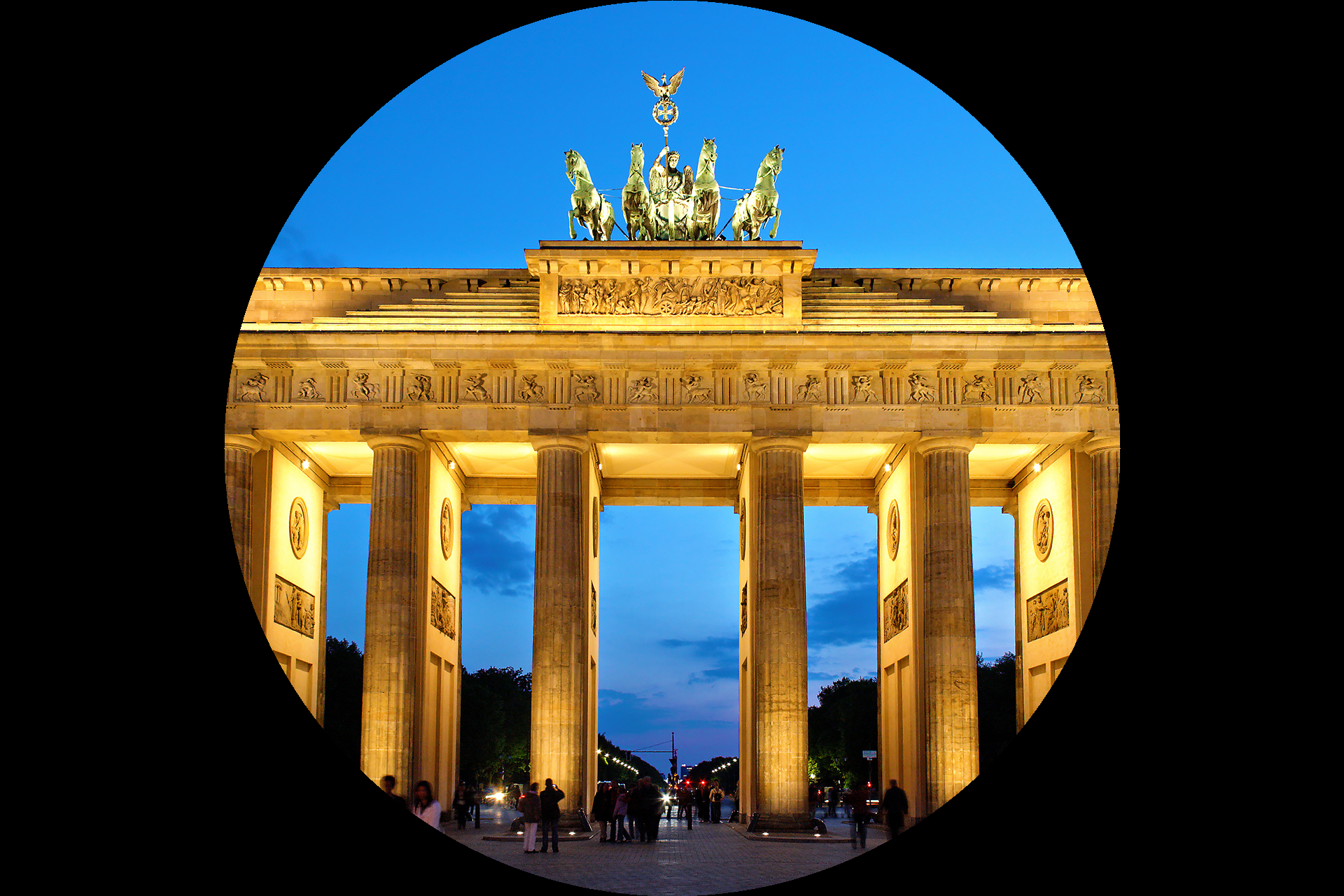 A photograph of the Brandenburg Gate at dusk, with everything outside a central circle blacked out, leaving a circular vignette