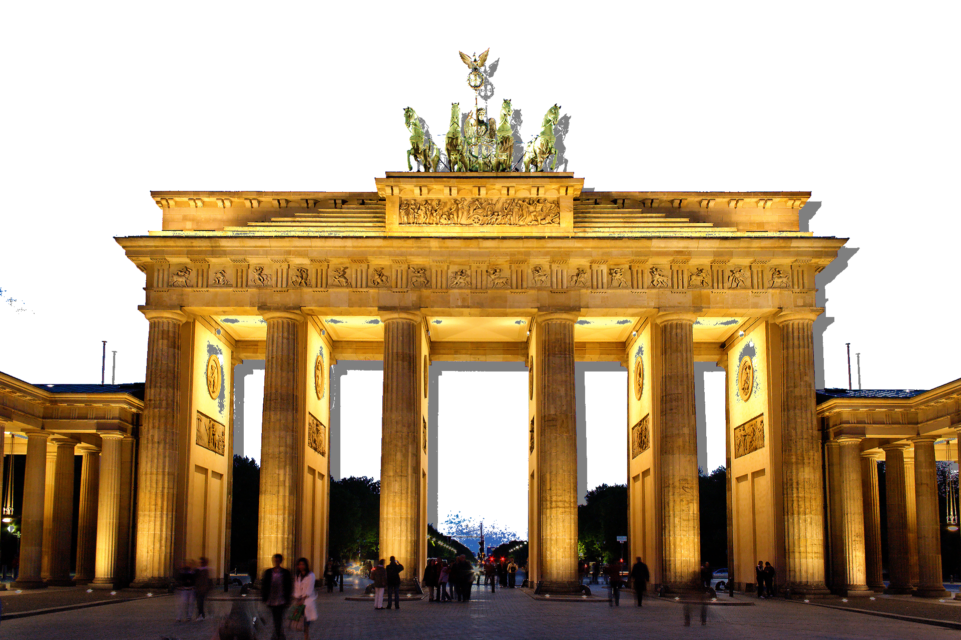 A photograph of the Brandenburg Gate at dusk with the sky replaced by a near-uniform near-white field, except for a soft grey echo of the gate's silhouette cast down-and-right onto the sky