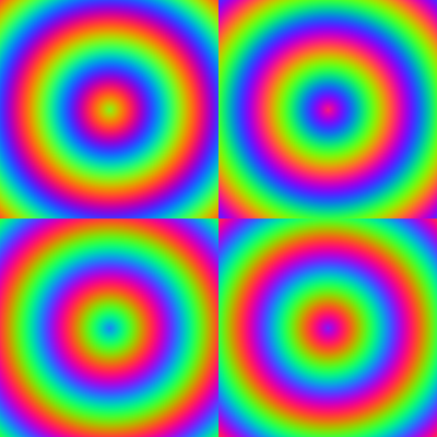 A two by two grid of identical concentric ring patterns rendered in four different colour palettes: the original cool palette, a green-magenta variant, a magenta-cyan variant, and a swapped warm variant