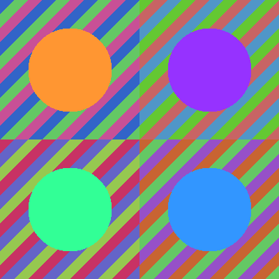 A two by two grid showing the same orange-disc-on-stripes source in four different colour palettes