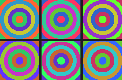 A two by three grid showing the same concentric-ring source image rendered in six different palettes, each labelled with the corresponding RGB permutation