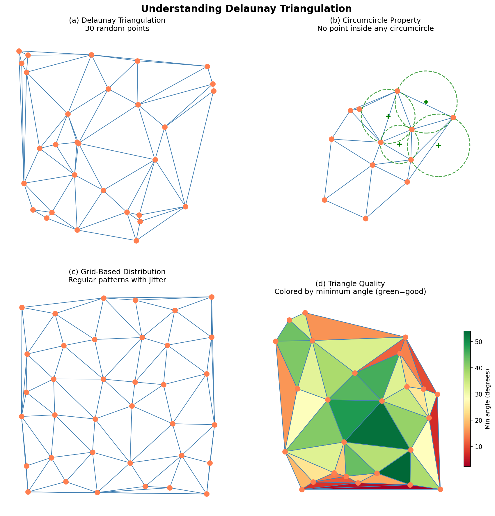 A four-panel diagram. (a) shows a basic triangulation of seven points. (b) shows a triangle and its circumcircle, demonstrating the empty-circle property. (c) shows a regular grid of points triangulated. (d) shows a triangulation where each triangle is coloured by its minimum interior angle, with most triangles green and the slivers near the convex hull faintly visible.