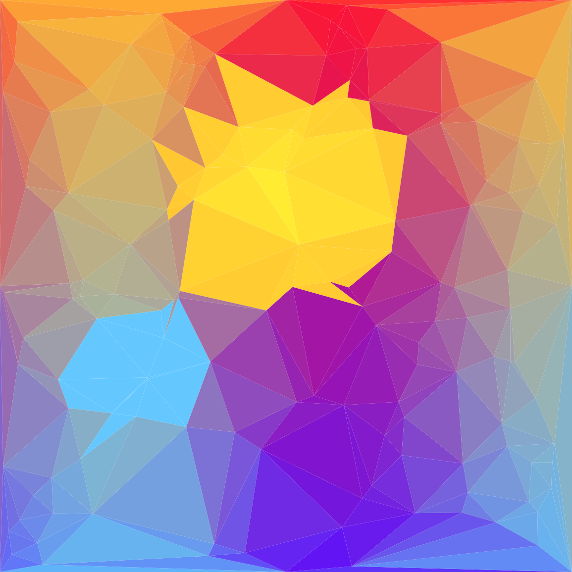 A low-poly geometric mosaic of a sunset scene with a sun-shaped lighter region in the upper portion. The picture is composed of many flat-coloured triangles whose individual colours are sampled from the original gradient.