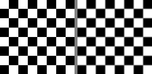 A side-by-side comparison of a sharp black-and-white checkerboard on the left and the same checkerboard blurred to soft grey transitions on the right