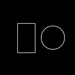 A black background showing the white outlines of a rectangle and a circle, both produced by Sobel edge detection. The edges are 1-pixel wide and clearly delineate the original shapes.
