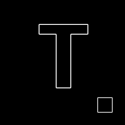 An edge-detection result on a custom T-shape pattern. The outlines of the T are clearly visible as white lines on a black background, and a smaller square in the bottom-right shows dimmer edges because its original intensity was lower than the T.