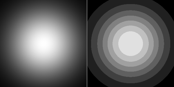 A side-by-side comparison. Left panel shows a smooth Gaussian gradient with continuous tones. Right panel shows the same shape quantised into 8 distinct grey bands with sharp boundaries between them.