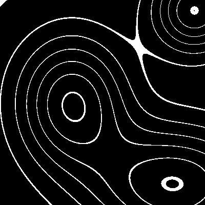 The same three-hill terrain rendered as thin white isolines on a black background. Each hill produces nested closed curves; the curves get tighter near the peaks.