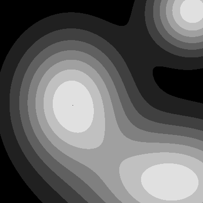 A stepped contour visualisation of three overlapping Gaussian hills. The peaks of the hills appear as bright clusters; the level sets nest around each peak with sharp grey boundaries between bands.