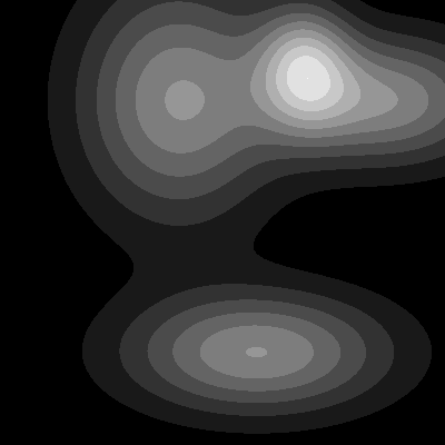 A grayscale terrain made of many overlapping hills, rendered as 8 quantisation levels. The peaks appear as bright clusters, the valleys as dark regions, and the slopes as stepped intermediate grey bands.