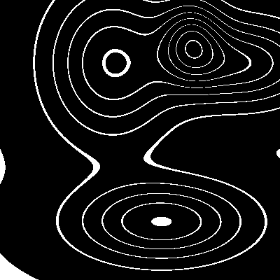 The same terrain rendered as thin white isolines on a black background. Closed curves nest around each peak; the spacing between curves visualises slope steepness.