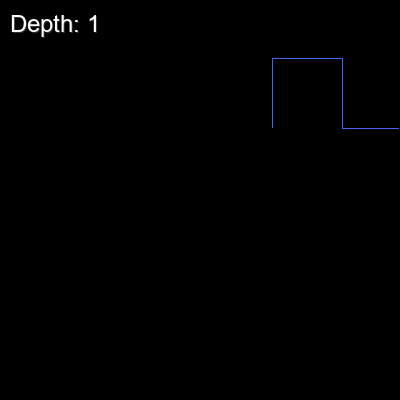 An animation of the dragon curve evolving from depth one to depth twelve, with each frame adding more recursive detail