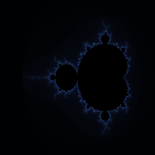 The Mandelbrot set rendered with a blue gradient — black region in the cardioid and bulbs, blue fringe at the boundary