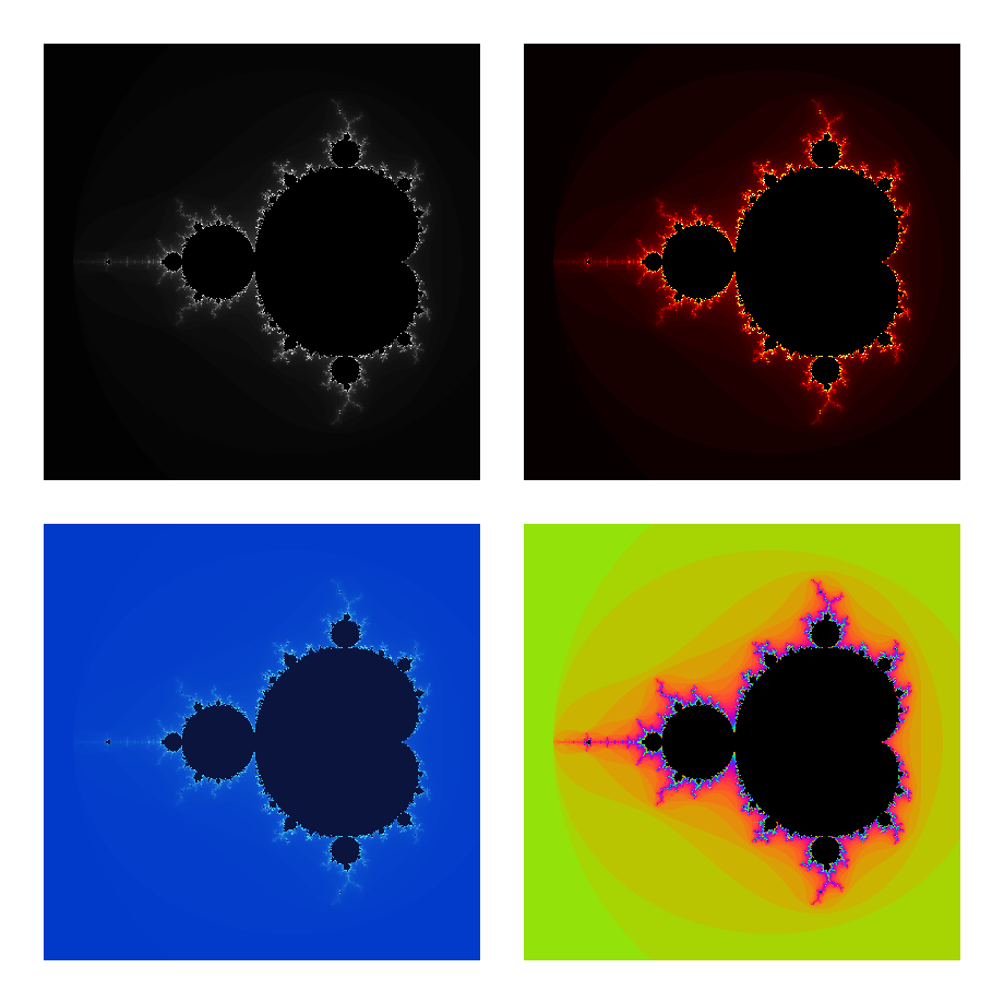 Four versions of the Mandelbrot set rendered with different colour palettes — grayscale, fire (warm), ocean (blue), and rainbow