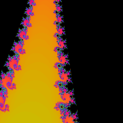 A zoomed view of the Mandelbrot set showing the seahorse valley region — a field of spiral structures in blue and white