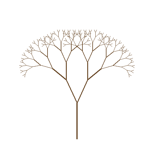A symmetric fractal tree with brown branches on a white background, depth eight, branch angle twenty five degrees, length ratio zero point seven