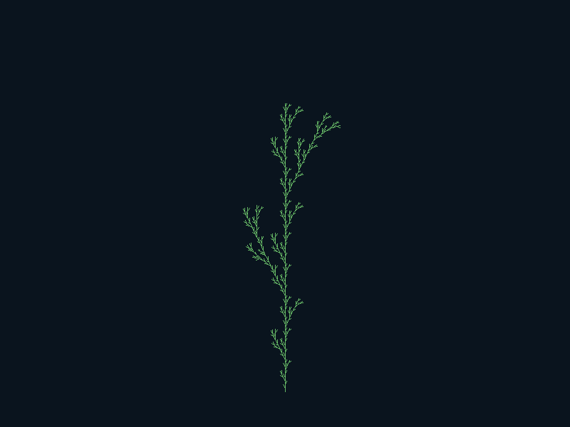A fractal plant generated by an L-system, with a vertical green stem branching outward at regular intervals against a dark background