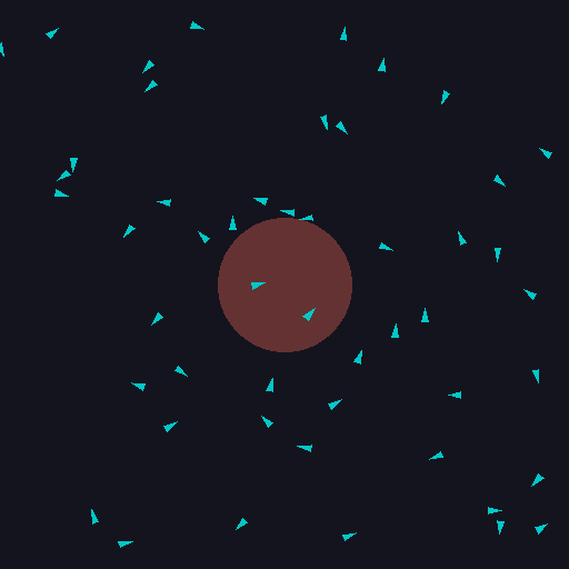 Boids flocking and steering around a dark red circular obstacle in the centre of the canvas