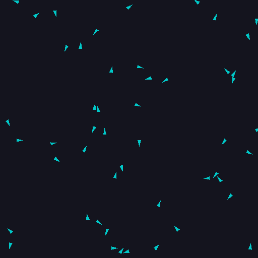 Animated flock of cyan dots drifting and coalescing on a dark blue background