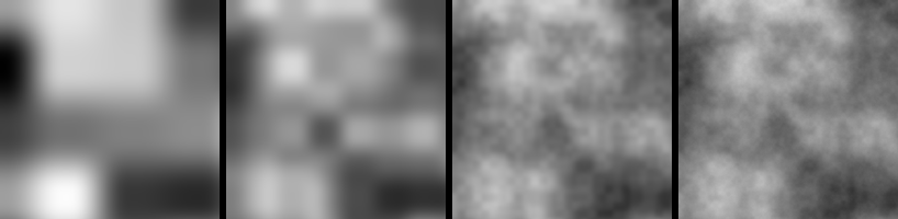 Four panels side by side showing increasing detail: 1 octave produces large smooth blobs, 2 octaves add medium texture, 4 octaves give cloud-like detail, 8 octaves show fine grain on top of the cloud structure.