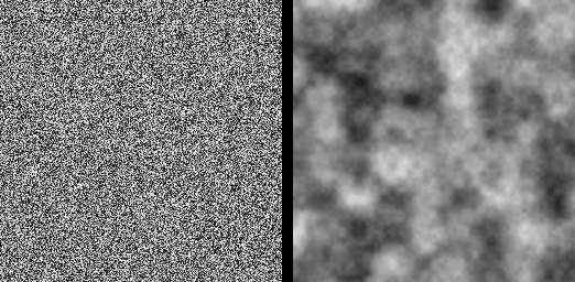 A side-by-side comparison. Left: random per-pixel grayscale noise that looks like television static. Right: smooth value noise with flowing cloud-like regions of darker and lighter intensity.