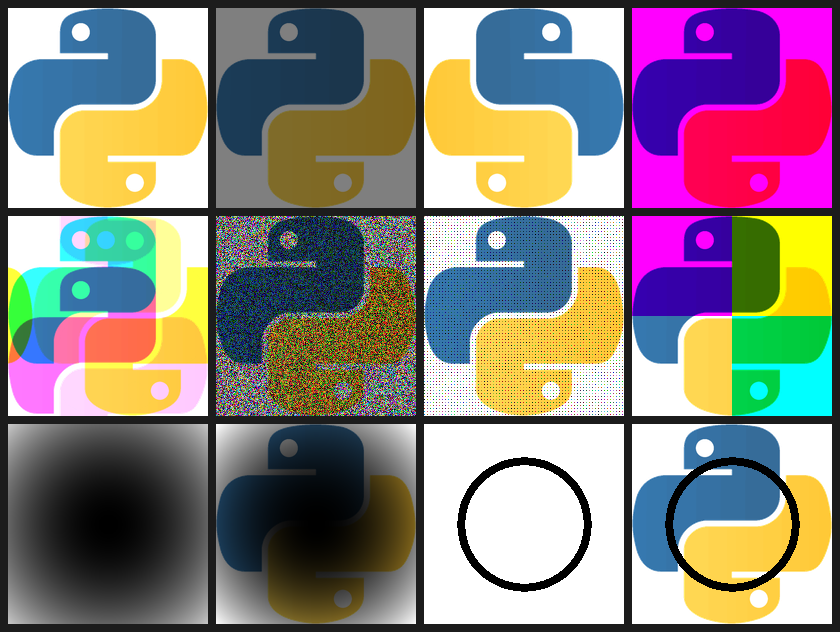 A four-by-three grid of the Python logo under twelve different image transformations — dim, flip, no-green, channel-rolled, noise overlay, quadrant masking, distance map, circular mask, donut mask, donut-cropped