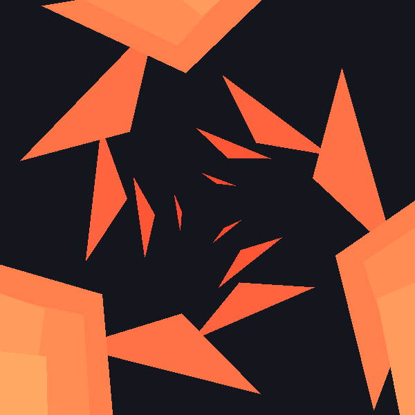 An animated GIF showing red and orange triangular petals spiraling inward from the edges of a canvas toward the centre, where they vanish. New petals continuously appear at the outer rim, creating a hypnotic looping pattern with three-fold rotational symmetry