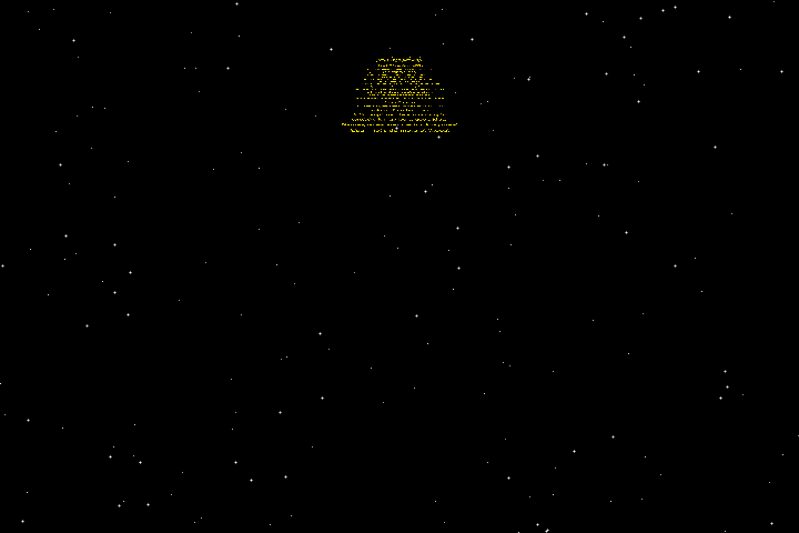 An animated GIF showing the Star Wars opening crawl: yellow text on a black starfield receding into the distance. The text scrolls upward and shrinks toward a vanishing point near the top of the screen, while stationary stars dot the background