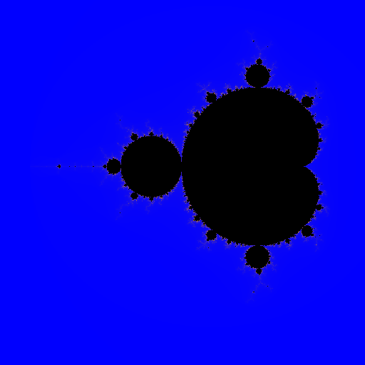 An animated GIF showing a continuous zoom into the Mandelbrot set's Seahorse Valley region. The view begins with the full cardioid-and-bulbs silhouette in blue and purple, then zooms continuously inward over 60 frames, revealing increasingly detailed spiral structures that emerge from the fractal boundary