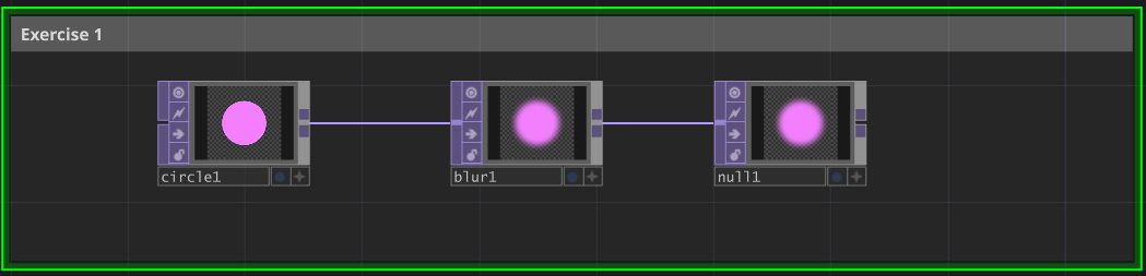 The 3-node network in the TouchDesigner editor — Circle TOP on left, wired to Blur TOP, wired to Null TOP