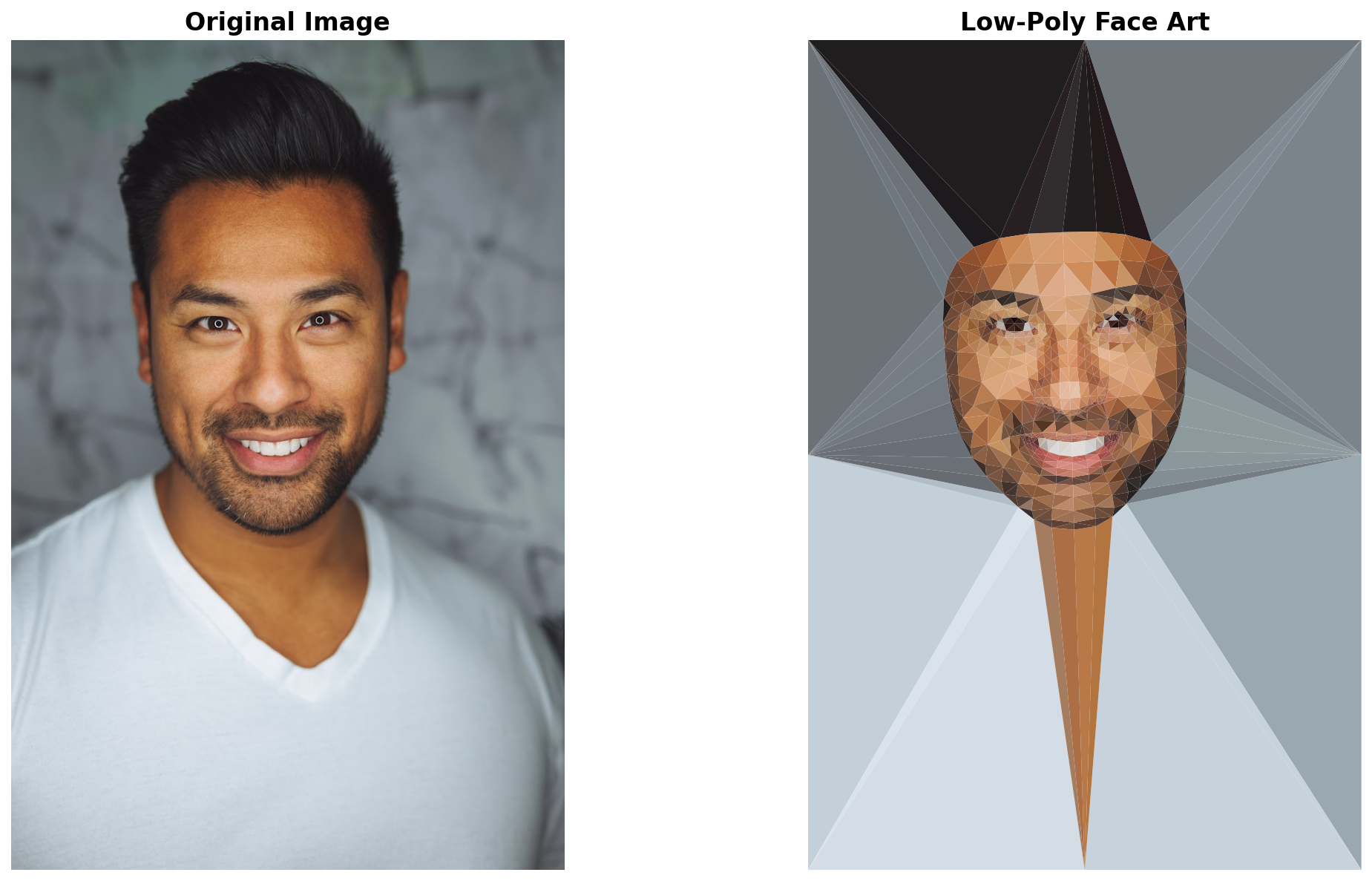 Two side-by-side images comparing the original portrait photograph of a person on the left with the low-poly triangulated rendition on the right; the low-poly version preserves the facial structure as a mesh of small colour-filled triangles
