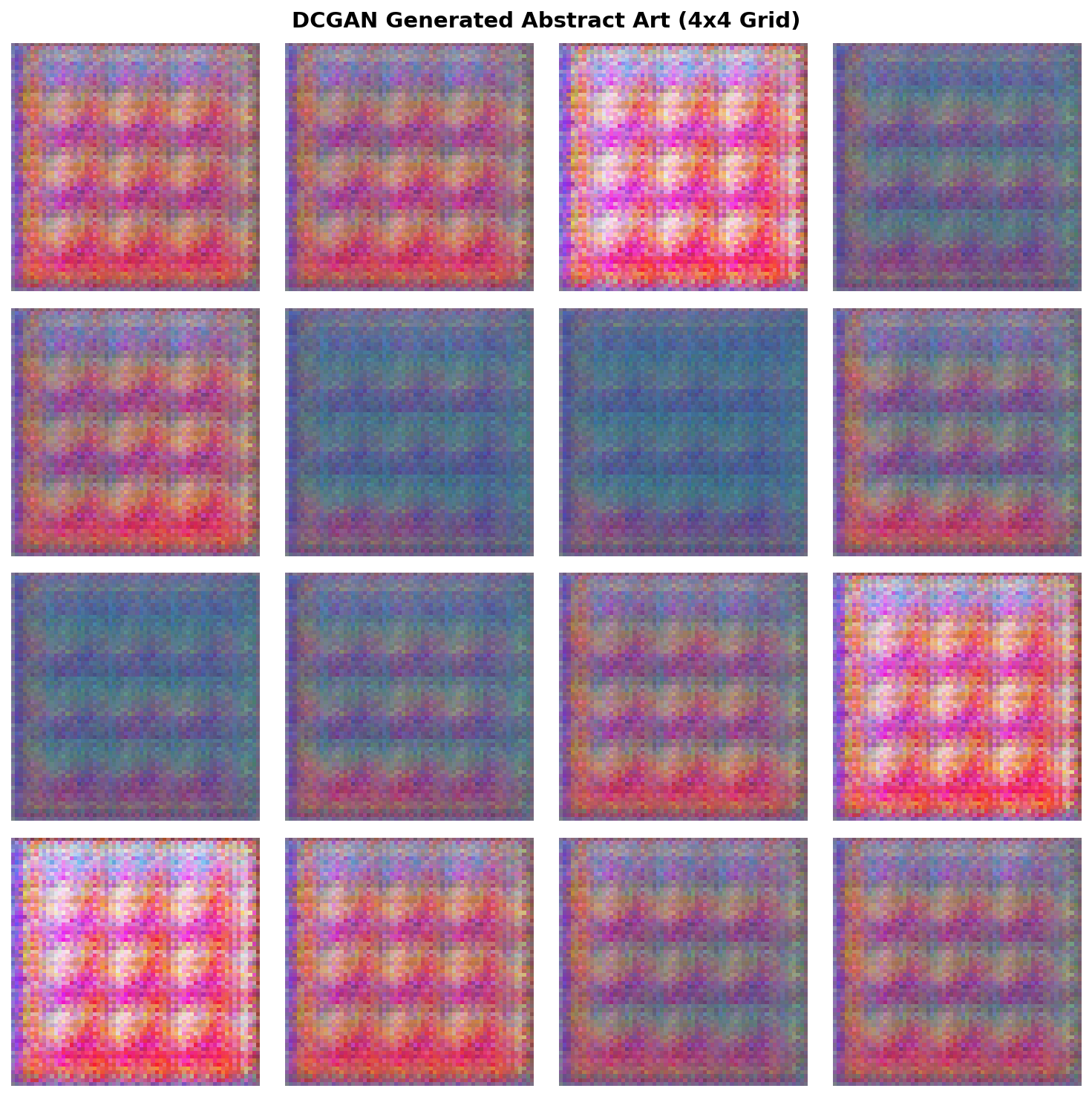 4x4 grid of DCGAN-generated abstract art